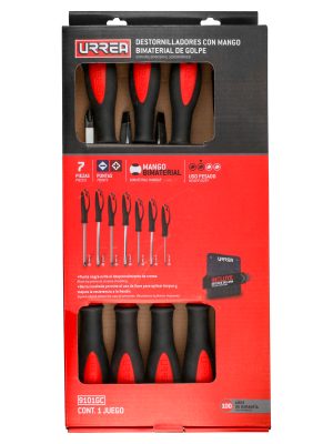 9101GC_01.jpg 9101GC - Juego de destornilladores con mango bimaterial de golpe, combinados, 7 piezas en estuche Urrea