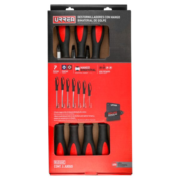 9101GC - Juego de destornilladores con mango bimaterial de golpe, combinados, 7 piezas en estuche Urrea