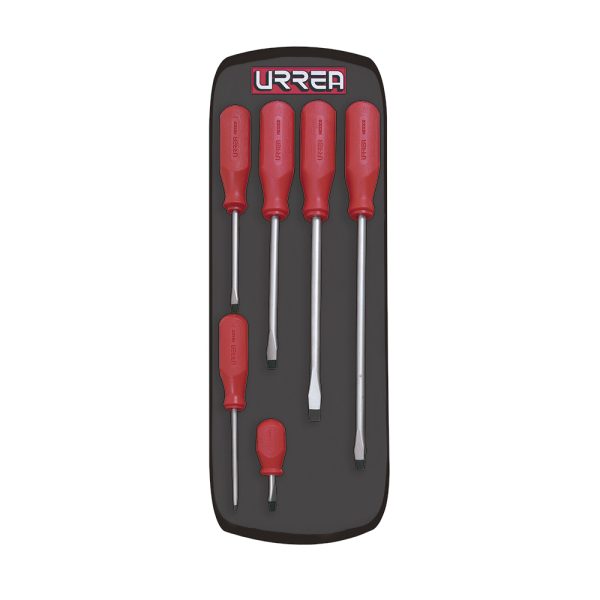 9600BR - Juego de destornilladores con mango rojo, punta plana, 6 piezas en estuche Urrea