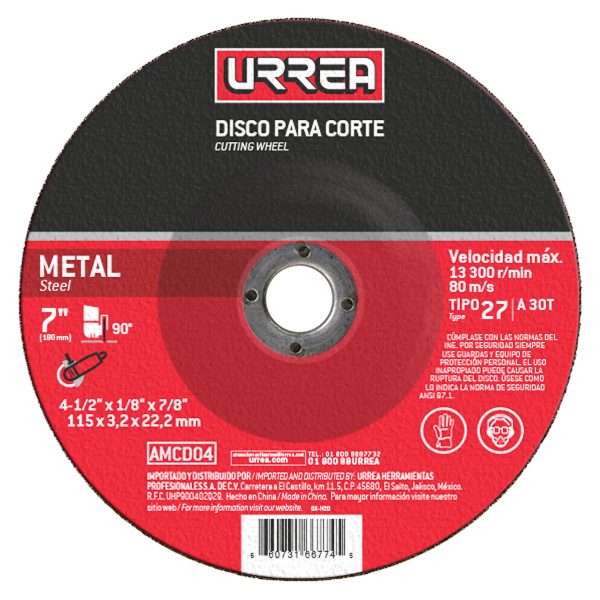 AMCD04.jpg AMCD04 - Disco abrasivo tipo 27 para metal 4-1/2" x 1/8" Urrea