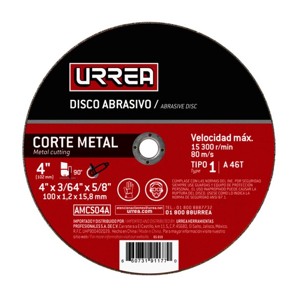 AMCS04A - Disco abrasivo tipo 1 para metal 4" x 3/64" Urrea