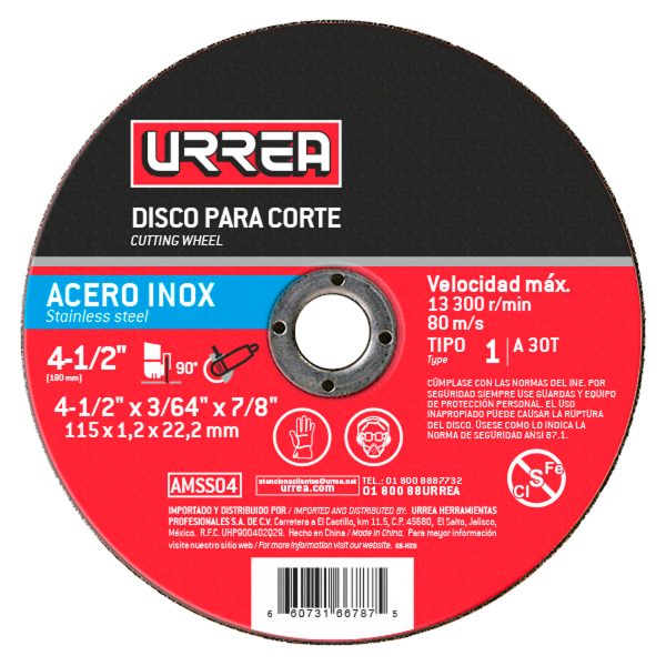 AMSS04A.jpg AMSS04A - Disco abrasivo tipo 1 para acero inoxidable 4-1/2" x 1/16" Urrea