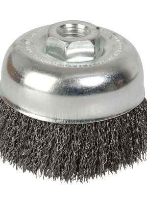 C301.jpg C301 - Carda copa ondulada alambre delgado 4" x 0.35 mm con rosca 5/8" Foy