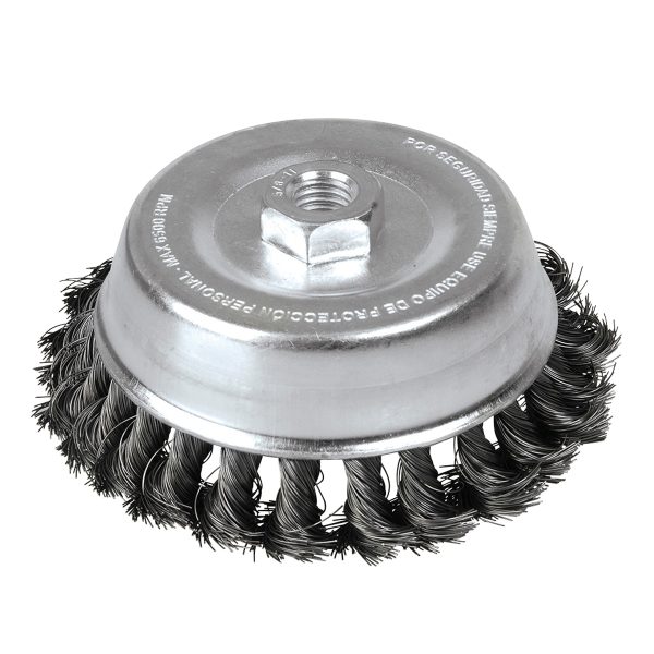 C309 - Carda copa trenzada alambre grueso 4" x 0.50 con rosca 5/8" Foy