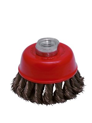 C803 - Carda copa trenzada alambre grueso 4" x 0.35 mm con rosca M14 Urrea