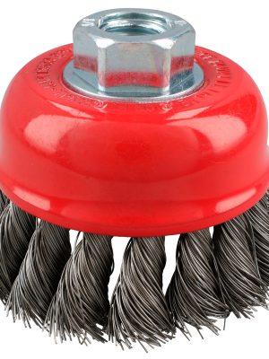 C929.jpg C929 - Carda copa trenzada alambre grueso de acero inoxidable 4" x 0.50 mm con rosca M14 Urrea