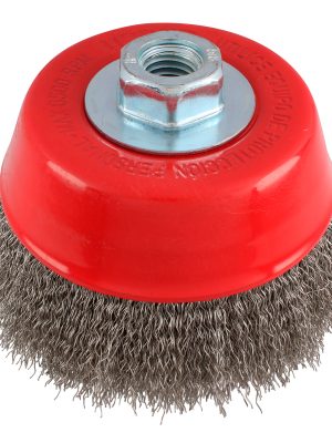 C937.jpg C937 - Carda copa ondulada alambre delgado de acero inoxidable 5" x 0.30 mm con rosca M14 Urrea