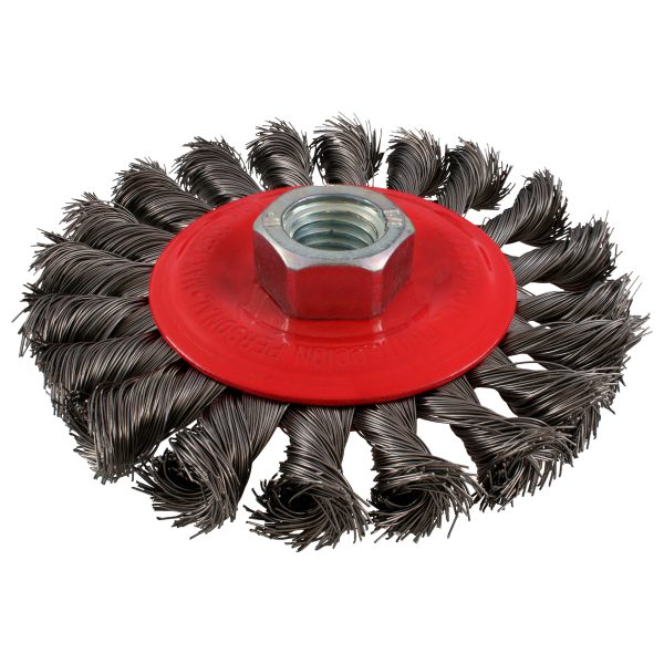 C945 - Carda circular trenzada alambre delgado de acero inoxidable 4" x 0.35 mm con rosca M14 Urrea