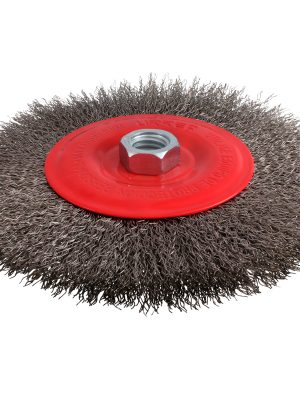 C959.jpg C959 - Carda circular ondulada alambre delgado de acero inoxidable 6" x 0.30 mm con rosca M14 Urrea