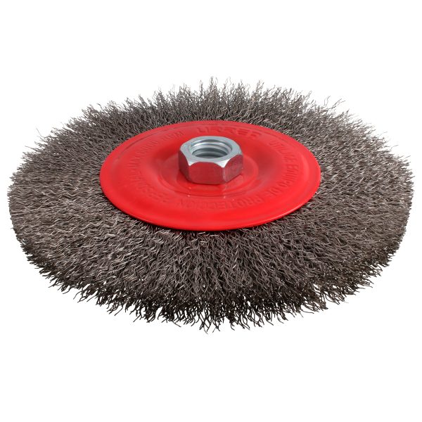 C959 - Carda circular ondulada alambre delgado de acero inoxidable 6" x 0.30 mm con rosca M14 Urrea