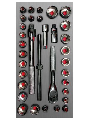 CH104L - Juego de dados cortos y accesorios cuadro de  3/8" combinados 34 piezas, CH104L-C Urrea