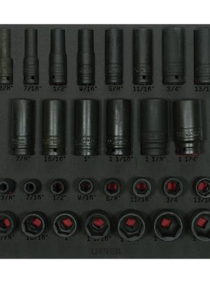 CH218.jpg CH218 - Juego de dados de impacto cortos y largos en pulgadas cuadro de 1/2" 29 piezas, CH218-C Urrea