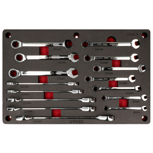 CH256P - Juego de llaves combinadas pulido espejo de matraca métricas 15 piezas, CH256P-C Urrea