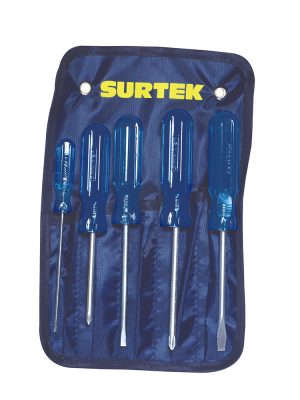 D01P - Juego de destornilladores con mango azul combinados, 5 piezas en estuche Surtek