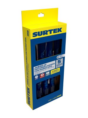 D01PC - Juego de destornilladores con mango azul combinados, 5 piezas en caja Surtek