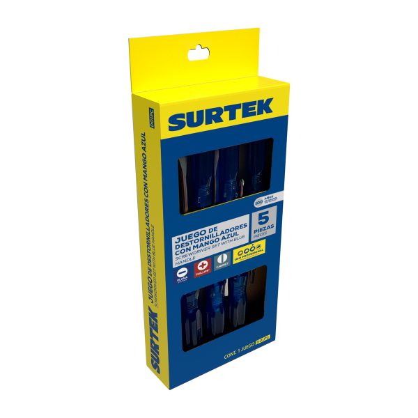 D01PC - Juego de destornilladores con mango azul combinados, 5 piezas en caja Surtek