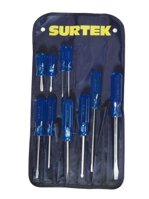 D02P.jpg D02P - Juego de destornilladores con mango azul combinados, 10 piezas en estuche Surtek