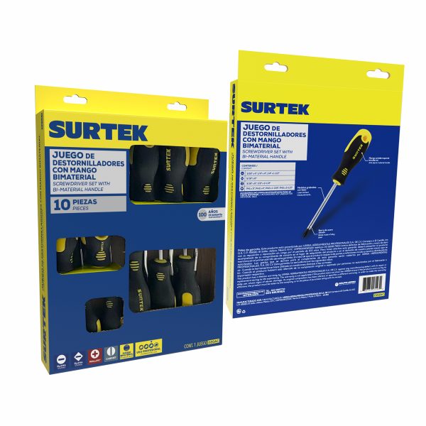D20AC - Juego de destornilladores con mango bimaterial combinados, 10 piezas en caja de cartón Surtek