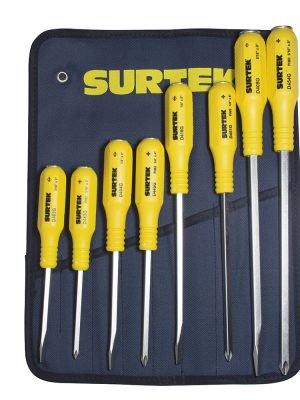 D400G.jpg D400G - Juego de destornilladores con mango amarillo de golpe combinados, 8 piezas en estuche Surtek