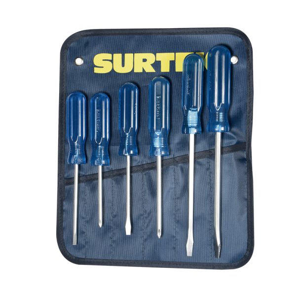 DCO07P.jpg DCO07P - Juego de destornilladores con mango azul combinados, 6 piezas en estuche Surtek