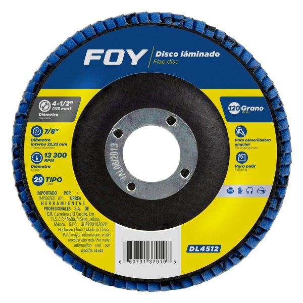DL4512 - Disco laminado tipo 29 grano 120, 4-1/2" Foy