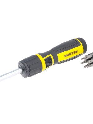 DP5X1 - Destornillador con mango bimaterial de matraca reversible 5X con puntas intercambiables 12 en 1 Surtek