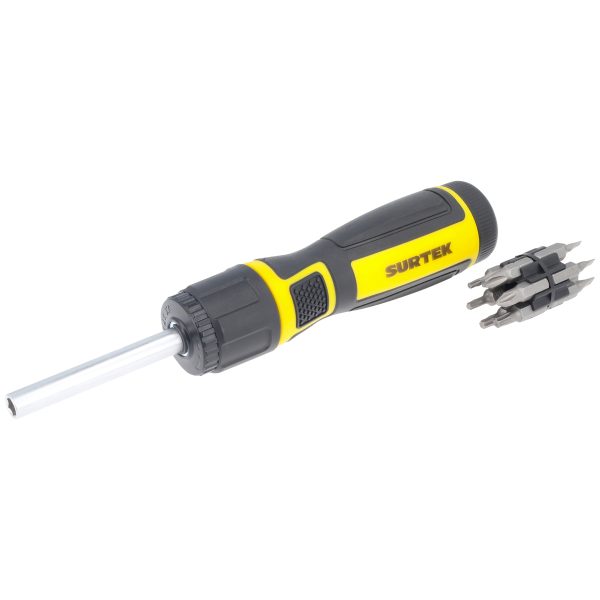 DP5X1 - Destornillador con mango bimaterial de matraca reversible 5X con puntas intercambiables 12 en 1 Surtek