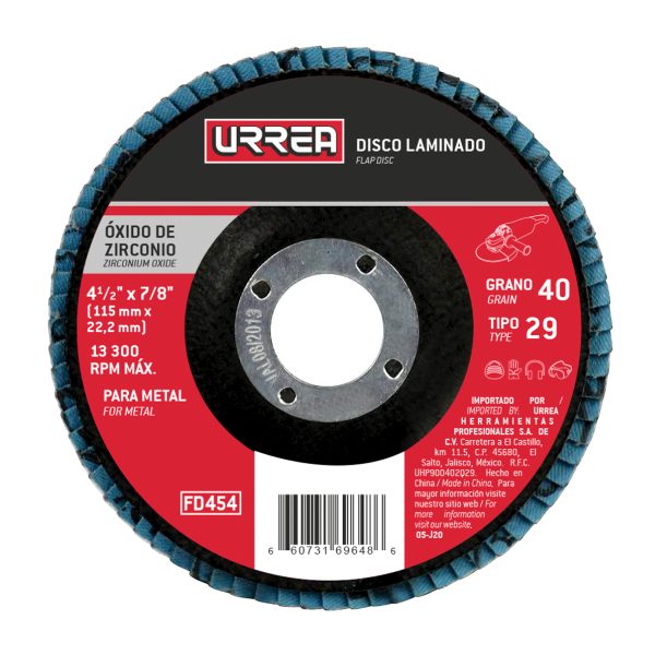 FD458 - Disco laminado tipo 29 grano 80, 4-1/2" Urrea