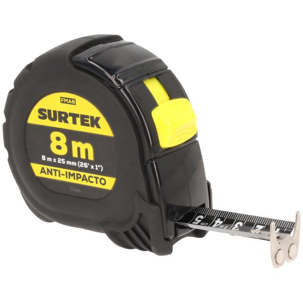 FMA8.jpg FMA8 - Flexómetro con carcasa anti-impacto cinta color negro 8 m x 25 mm Surtek