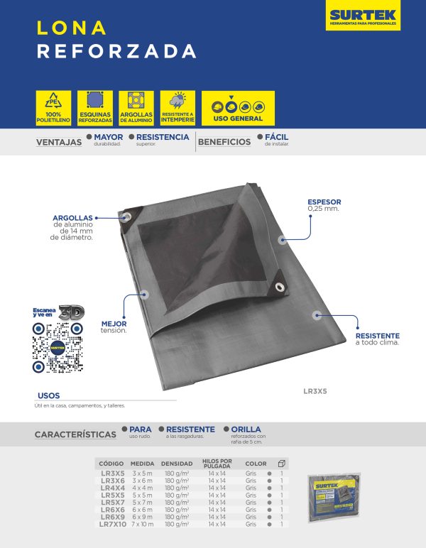 LR5X5 - Lona de polietileno reforzada color gris, 5 x 5 m Surtek