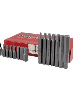 J2415M.jpg J2415M - Juego de puntas hexagonales hexágono de 3/8" mét, con adaptador, 15 pz en caja metalica Urrea