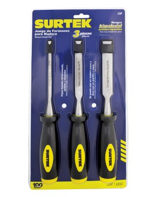 J3F.jpg J3F - Juego de formones para madera con mango bimaterial 1/4", 1/2" y 3/4", 3 piezas Surtek