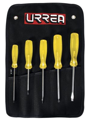 JBUD01 - Juego de destornilladores con mango ámbar combinados, 5 piezas en estuche Urrea