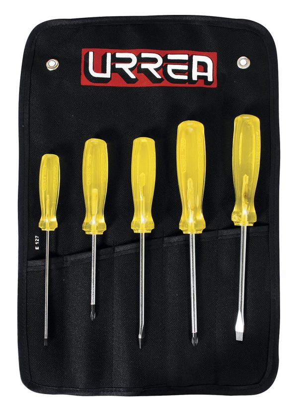 JBUD01 - Juego de destornilladores con mango ámbar combinados, 5 piezas en estuche Urrea