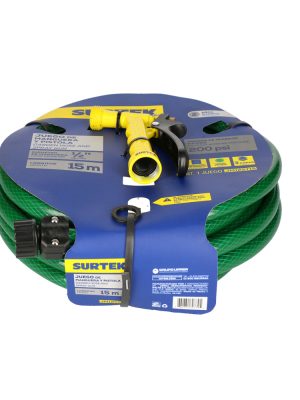 JM12ST15 - Manguera para jardín tramada verde con pistola para riego 1/2", 15 m Surtek