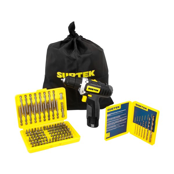 JTI4 - Juego de taladro y atornillador a batería Li-ion 12 V, 4 piezas en morral Surtek