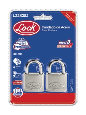 L22S382 - Juego de candados de acero cortos 38 mm, llave estándar, 2 piezas Lock