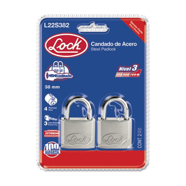 L22S382 - Juego de candados de acero cortos 38 mm, llave estándar, 2 piezas Lock