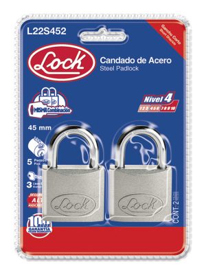 L22S452 - Juego de candados de acero cortos 45 mm, llave estándar, 2 piezas Lock