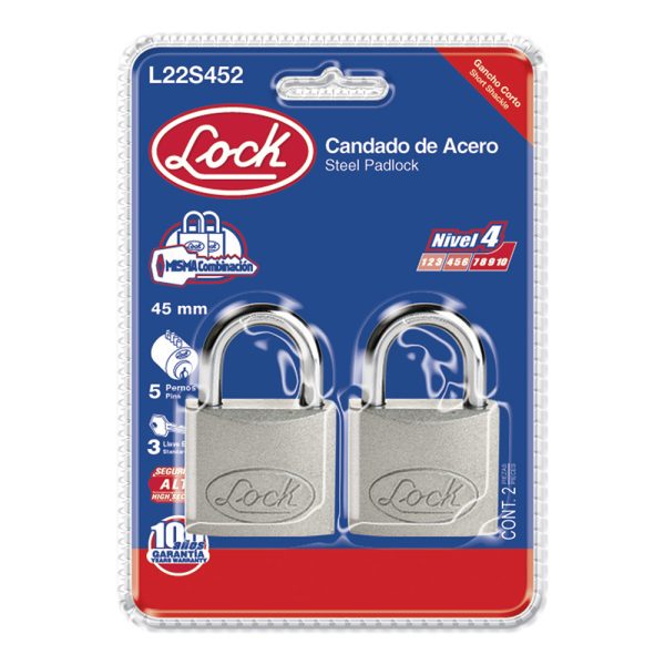 L22S452.jpg L22S452 - Juego de candados de acero cortos 45 mm, llave estándar, 2 piezas Lock