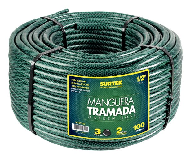 M12T100 - Manguera para jardín tramada verde en rollo 1/2", 100 m Surtek