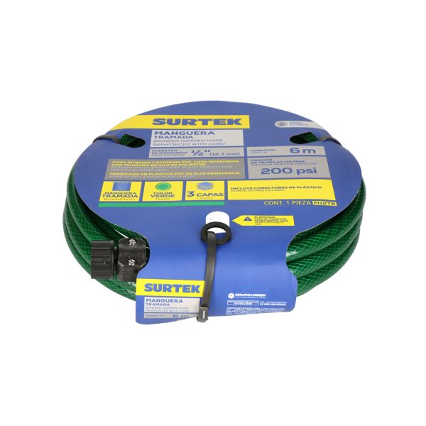 M12T6.jpg M12T6 - Manguera para jardín tramada verde con conector plástico 1/2", 6 m Surtek