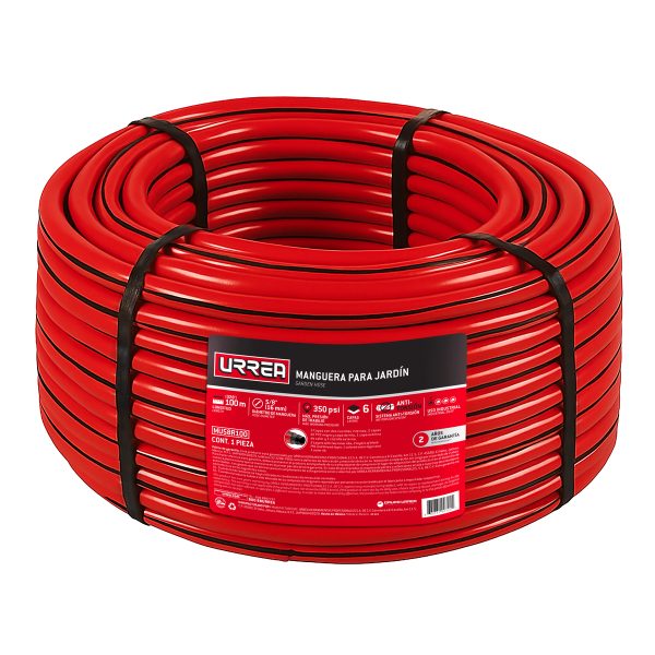 MU58R100 - Manguera para jardín de 6 capas reforzada con conector metálico robusto 5/8", 100 m Urrea