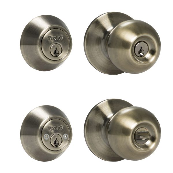 MY-CT5362BOLA-US5 - Combo de pomo tubular bola función doble, latón antiguo, llave estándar, blíster Prolok