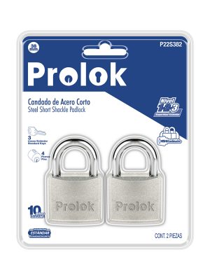 P22S382.jpg P22S382 - Juego de candados de acero cortos 38 mm, llave estándar, 2 piezas Prolok