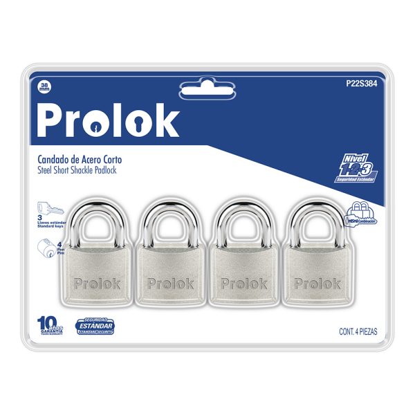 P22S384.jpg P22S384 - Juego de candados de acero cortos 38 mm, llave estándar, 4 piezas Prolok