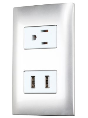 P432P - Placa 1 contacto 1 USB doble 1/3, línea Americana, color plata Surtek