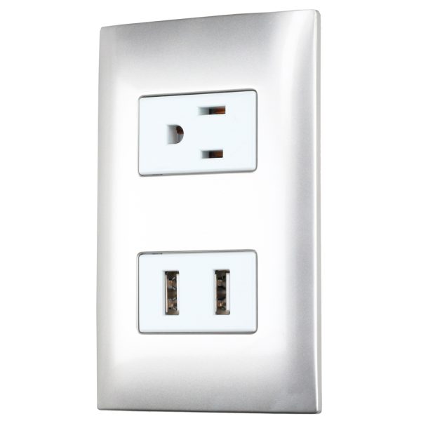 P432P - Placa 1 contacto 1 USB doble 1/3, línea Americana, color plata Surtek