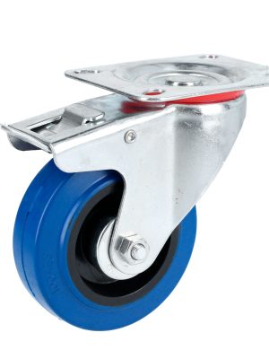 RGO10B.jpg RGO10B - Rodaja de goma elástica giratoria con freno azul 4" Surtek