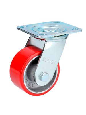 RP10G - Rodaja de fierro con poliuretano rojo giratoria 4" Surtek